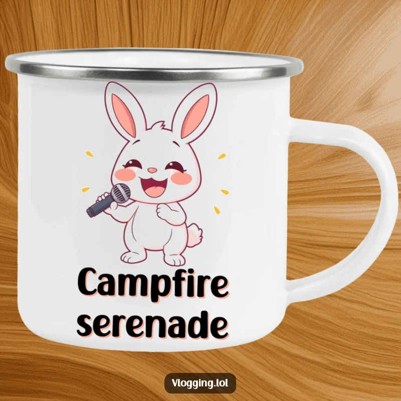 Funny bunny camping mug showing a happy rabbit holding a microphone with a wide smile, great for outdoor concerts.
