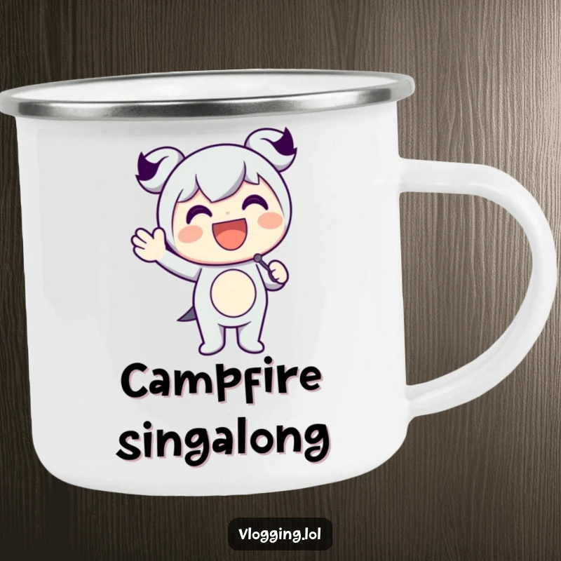 Funny camping mug showing a happy character holding a microphone and waving enthusiastically, ready for an outdoor performance.