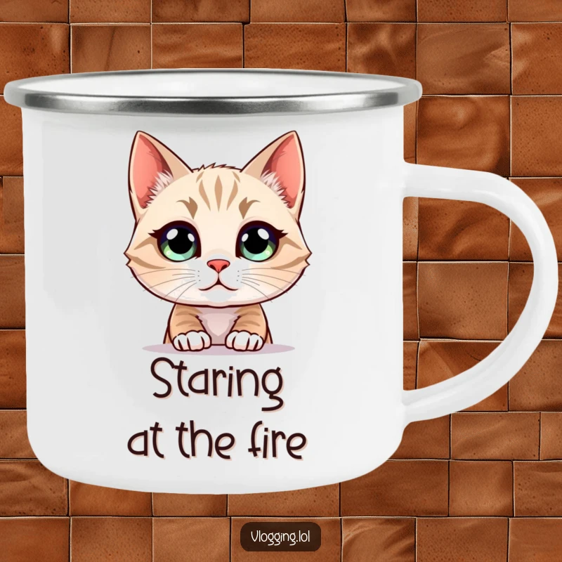 Funny Cat Camping Mug depicting a wide-eyed cat staring at a screen, ideal for outdoor enthusiasts who appreciate humor.