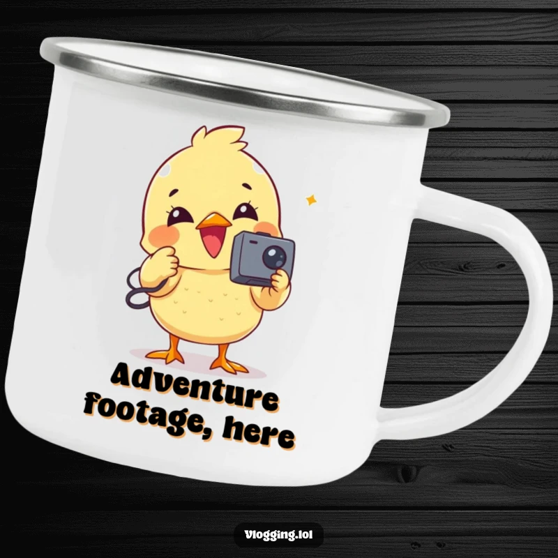 Funny camping mug featuring a delighted chick filming outdoors with a tiny camcorder.