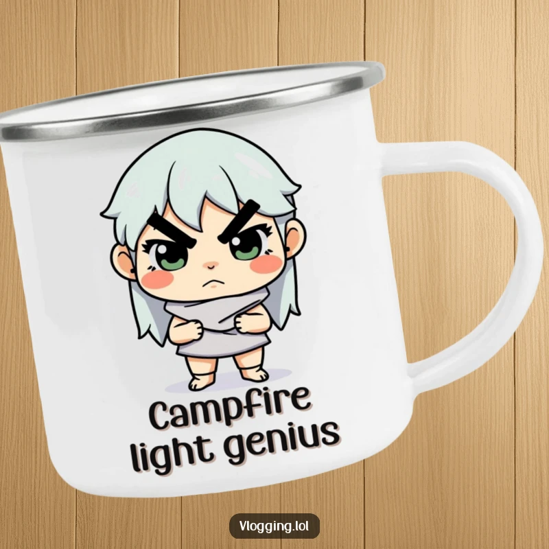 Funny camping mug featuring a determined creator seriously adjusting lighting, symbolizing focus and artistic drive during outdoor creative sessions.