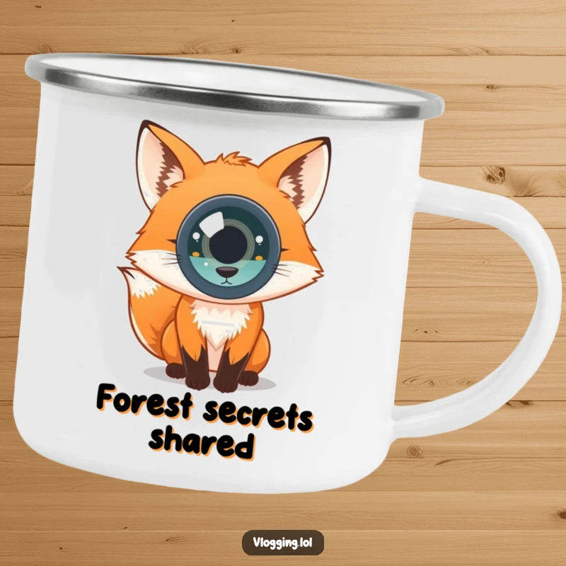 Funny camping mug with a curious fox looking into the camera lens in a forest setting. Durable and fun.