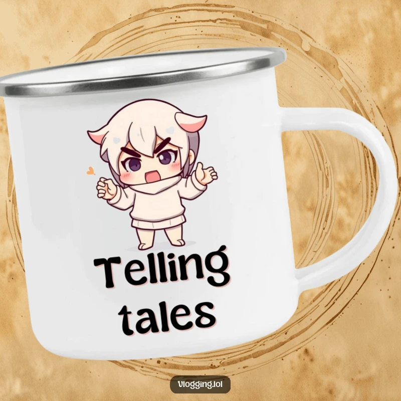 Funny camping mug featuring a determined character gesturing emphatically while speaking, durable and humorous for outdoor use.