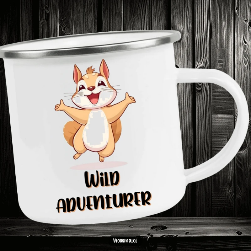 Funny beaming squirrel camping mug, jumping excitedly while recording in nature, perfect for outdoor creators who love bringing their stories to life.
