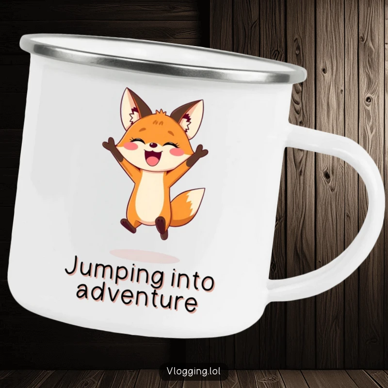 Funny camping mug depicting a joyful fox jumping dramatically for a vlogging intro, for outdoor content creators.