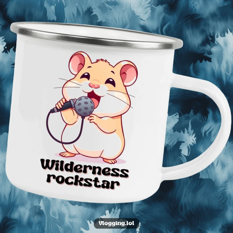Funny camping mug with an excited hamster holding a microphone, ready to sing around a campfire, perfect for outdoor humor and adventure.