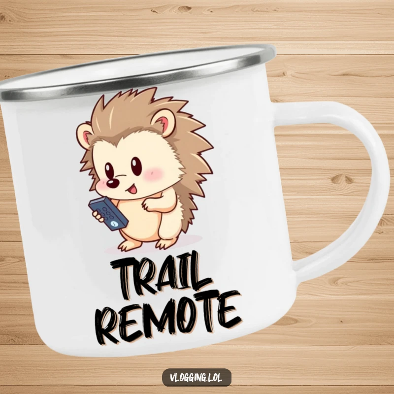 Funny hedgehog camping mug, humorously pressing a button on a remote control in the wild, perfect for outdoor tech enthusiasts.