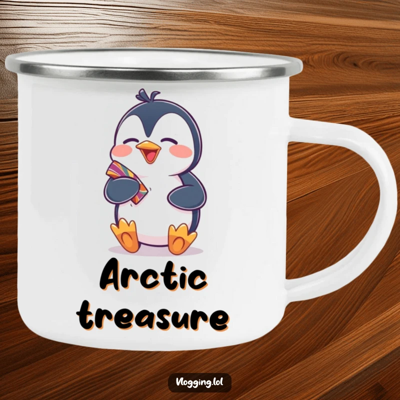 Funny camping mug with a giggling penguin excitedly showing off a colorful item, perfect for sharing humorous cheer and joy outdoors.