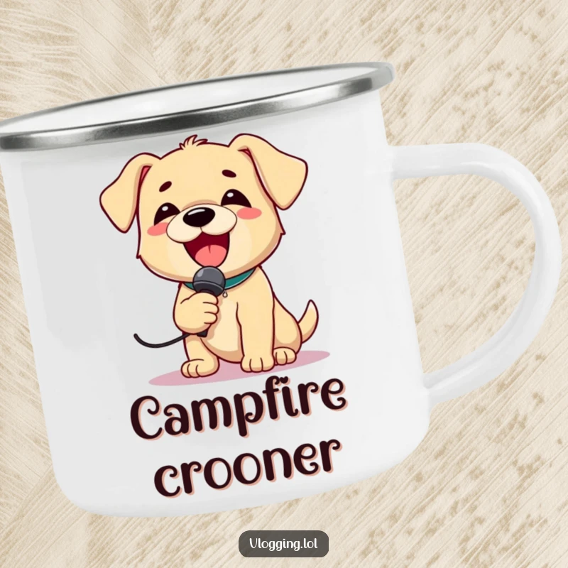 Funny Puppy Singer Camping Mug with a delighted puppy holding a microphone and singing loudly, perfect for the joyful outdoors.