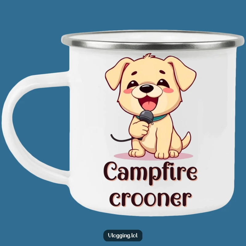 Funny Puppy Singer Camping Mug: Adventure & Tunes with a Happy Puppy!