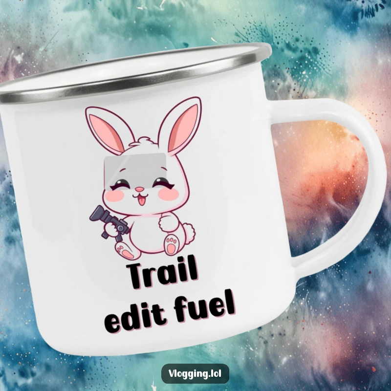 Funny camping mug with a cheerful rabbit intensely focused on editing a video, ready for outdoor creative sessions.
