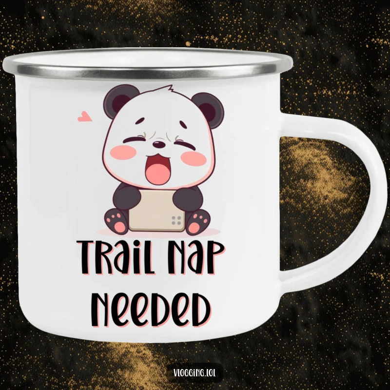 Funny camping mug showing a tired panda yawning widely in front of a digital device, perfect for outdoor moments and humorous enjoyment.