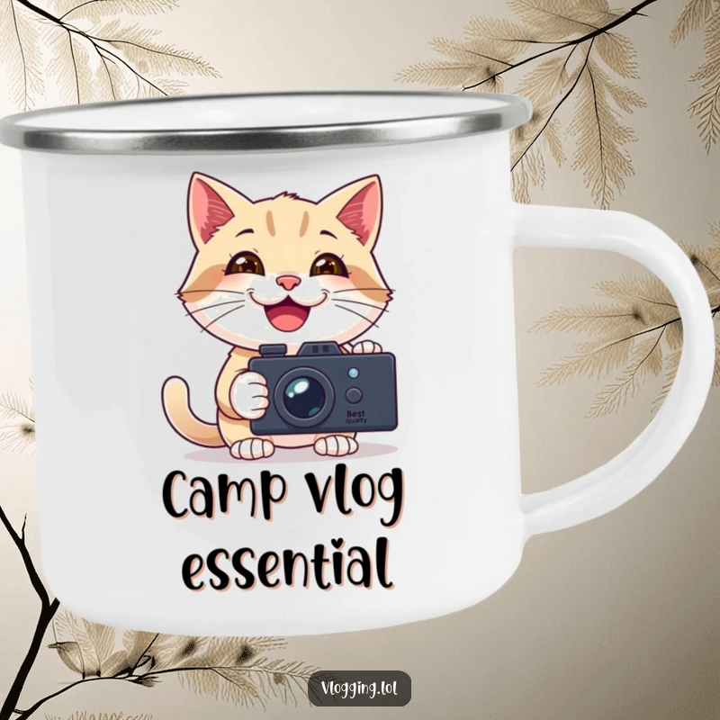 Funny camping mug featuring a happy cat filming itself with a camera, perfect for capturing outdoor moments.