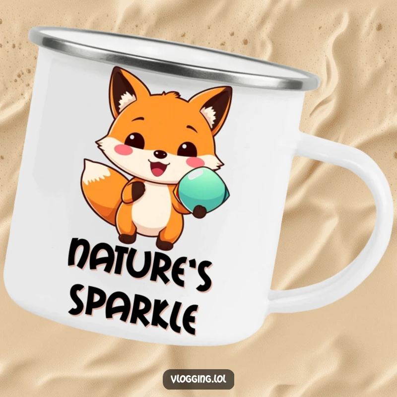 Funny camping mug featuring an ecstatic fox proudly holding a vibrant, colorful object, perfect for enjoying drinks in nature.