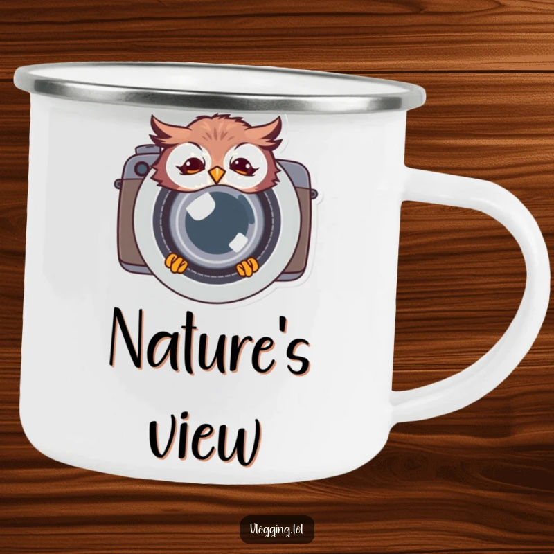 Funny giggling owl camping mug, peeking from behind a camera lens in nature, perfect for outdoor photographers who enjoy humor and adventure.