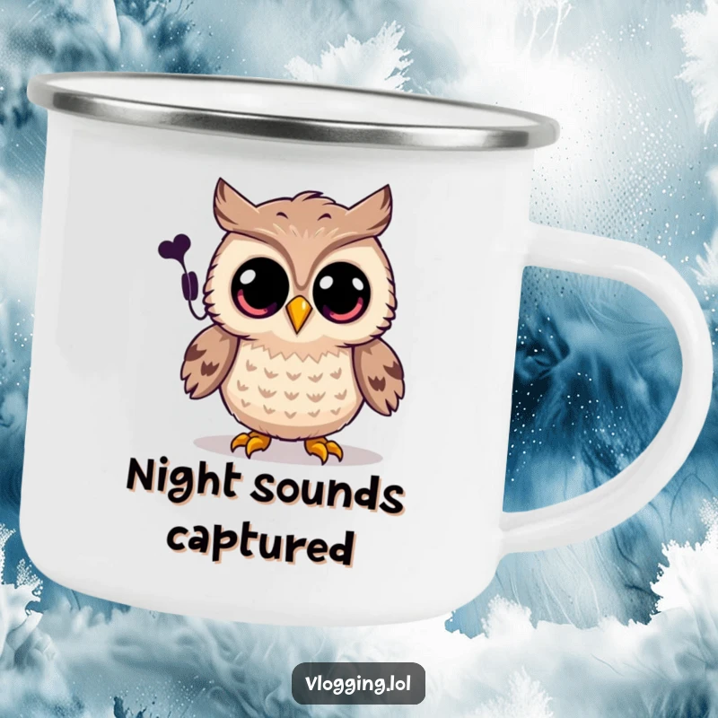 Funny owl camping mug of a joyful owl with wide eyes recording a spooky sound, for outdoor enthusiasts.