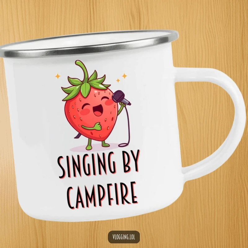 Funny strawberry singer camping mug: A cheerful strawberry with a microphone, belting out a song in a natural setting. Outstanding funny gift.
