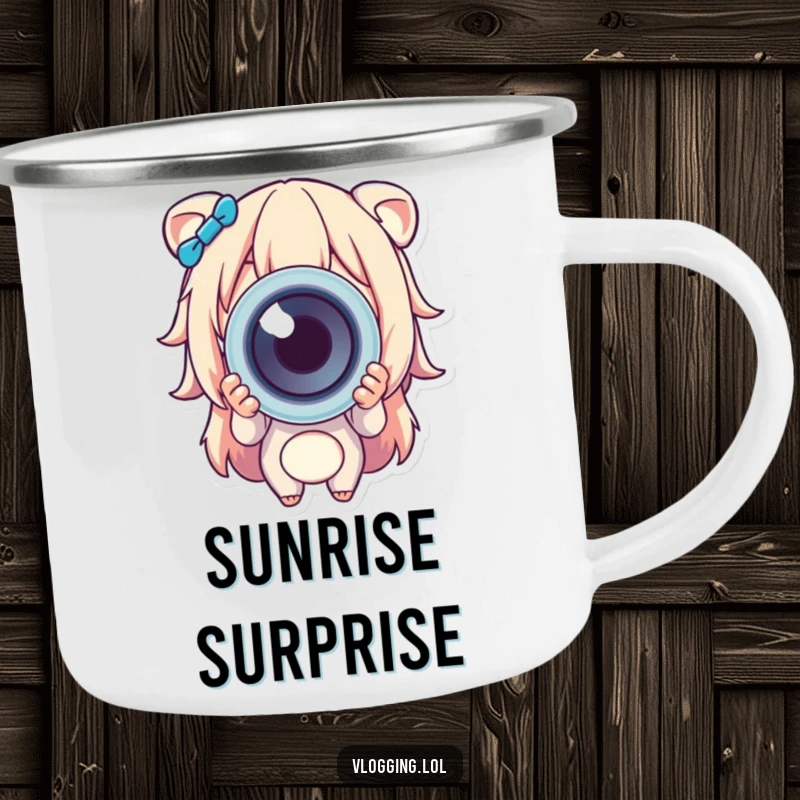 Funny camping mug displays a happy character offering a vibrant, colorful object, designed for cheerful outdoor experiences.