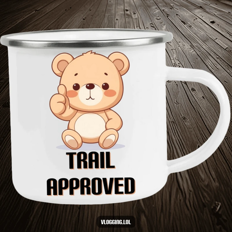 Funny Teddy Bear Camping Mug featuring a proud teddy bear giving a thumbs up, ready for adventure. A cheerful and rugged drinkware.