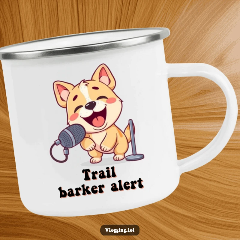 Funny camping mug with a playful dog energetically barking into a microphone in an outdoor setting.