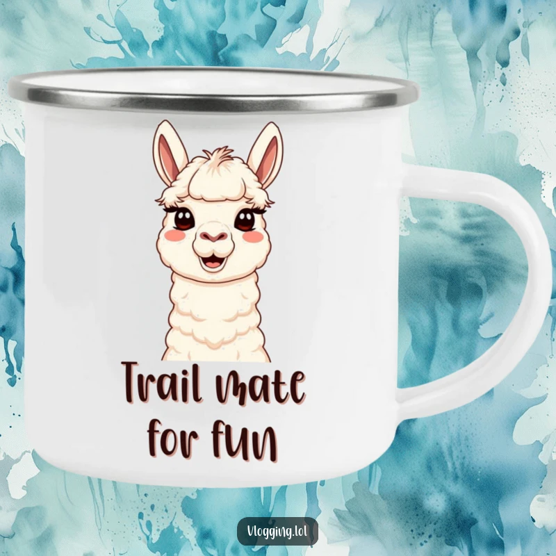 Funny Content Llama Camping Mug featuring a cute llama making a silly face, ideal for outdoor adventures and creative inspiration.