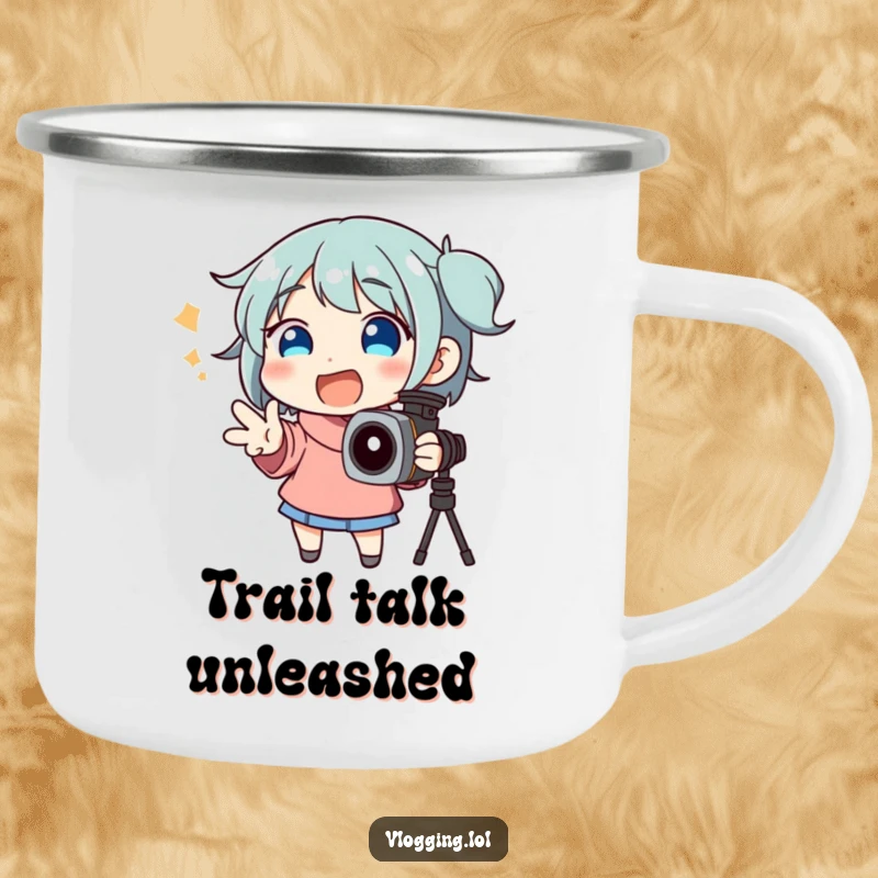 Funny camping mug with a happy character gesturing wildly while enthusiastically speaking to an imaginary camera.