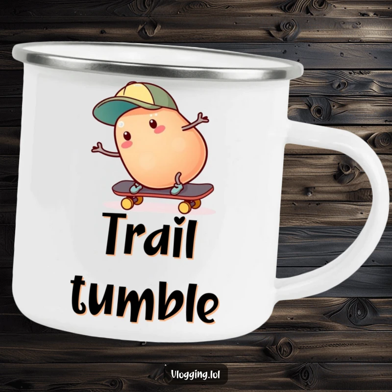 Funny jelly bean skater camping mug: A jelly bean wearing a cap is falling off a skateboard in a humorous outdoor scene. Outstanding funny gift.