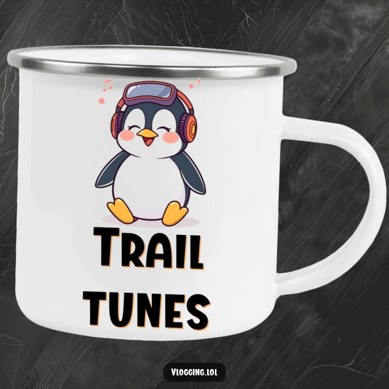 Funny Penguin Camping Mug with a giggling penguin bopping its head to vlogging music, perfect for adventurous music fans.