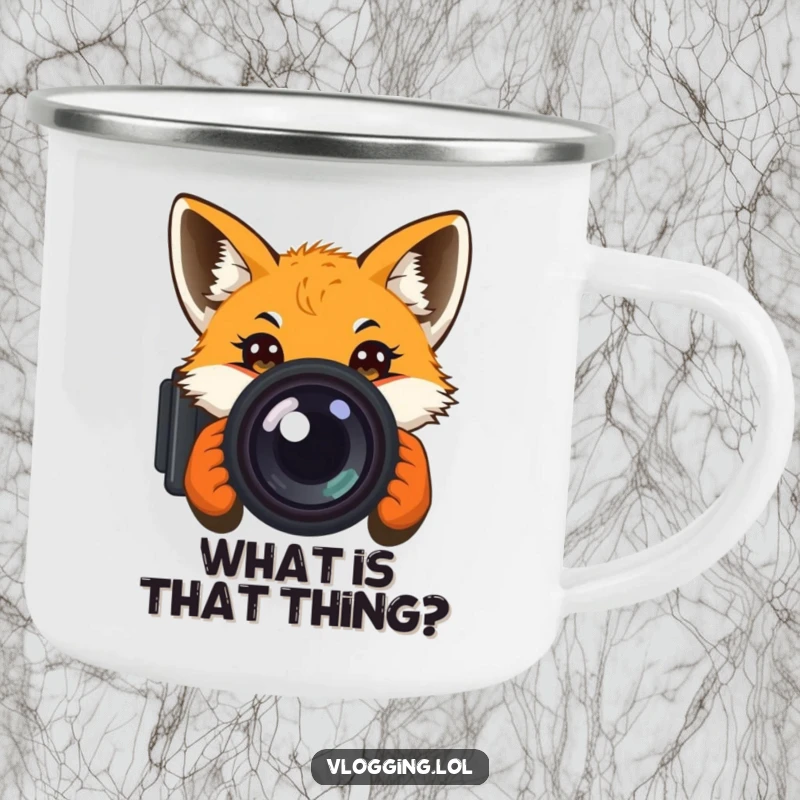 Funny camping mug showing a curious fox peeking into a camera lens, perfect for outdoor adventures and humorous enjoyment.