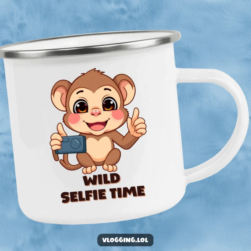 Funny Monkey Selfie Camping Mug with a mischievous monkey filming itself and making funny faces, perfect for outdoor fun.