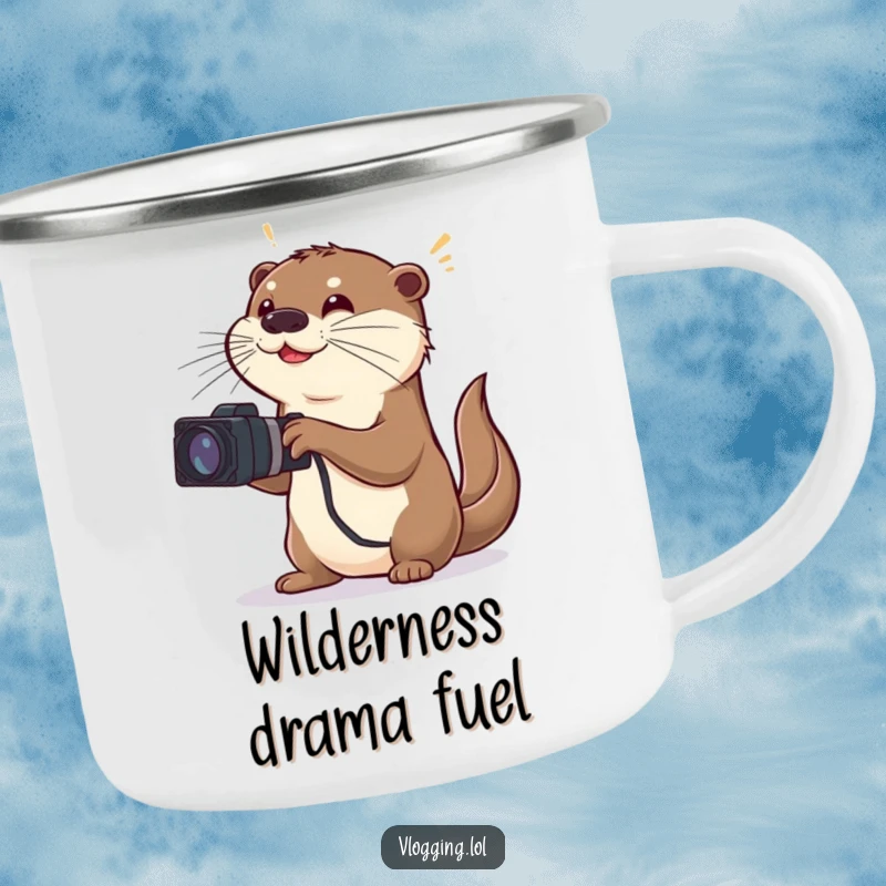Funny camping mug showing a playful otter enthusiastically filming an outdoor scene with dramatic, exaggerated hand movements.