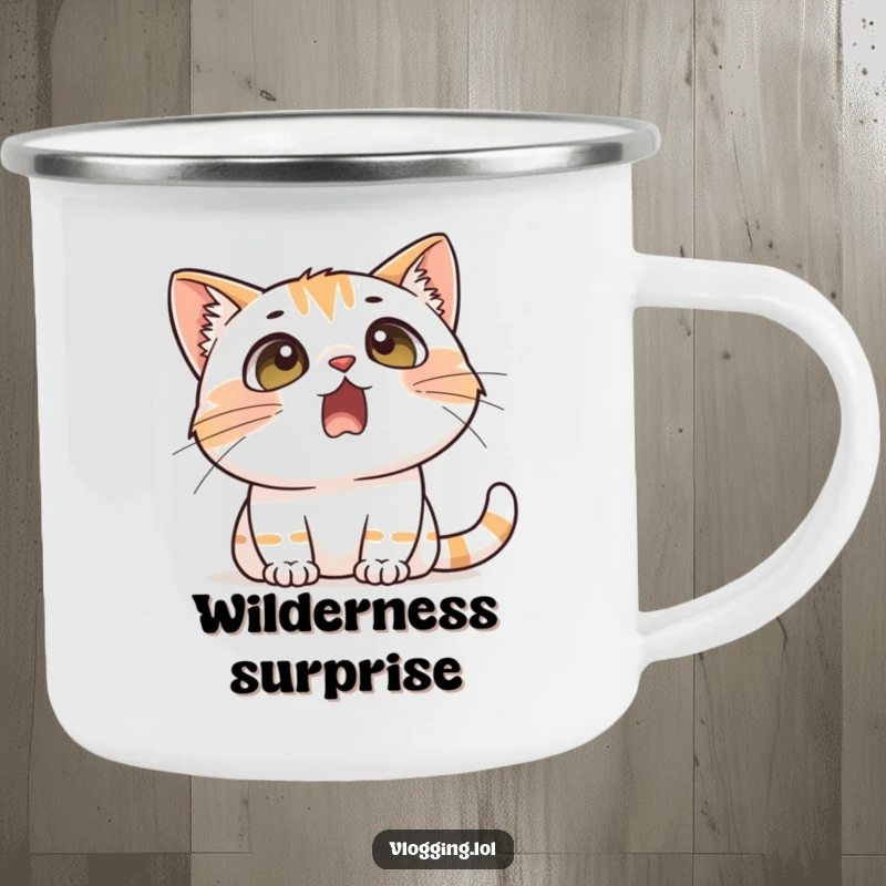 Funny camping mug with a cat displaying a comically surprised expression, perfect for humorous reactions and enjoying the outdoors.