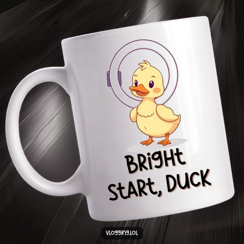 Funny wobbly duck mug, precariously balancing a ring light, showcasing its determined yet clumsy effort for perfect illumination, great for creators.
