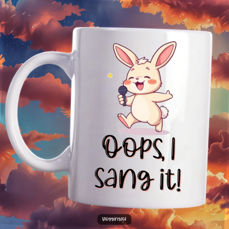 Funny mug depicting a comical bunny tripping with a microphone, caught mid-laugh during a performance, radiating pure amusement.