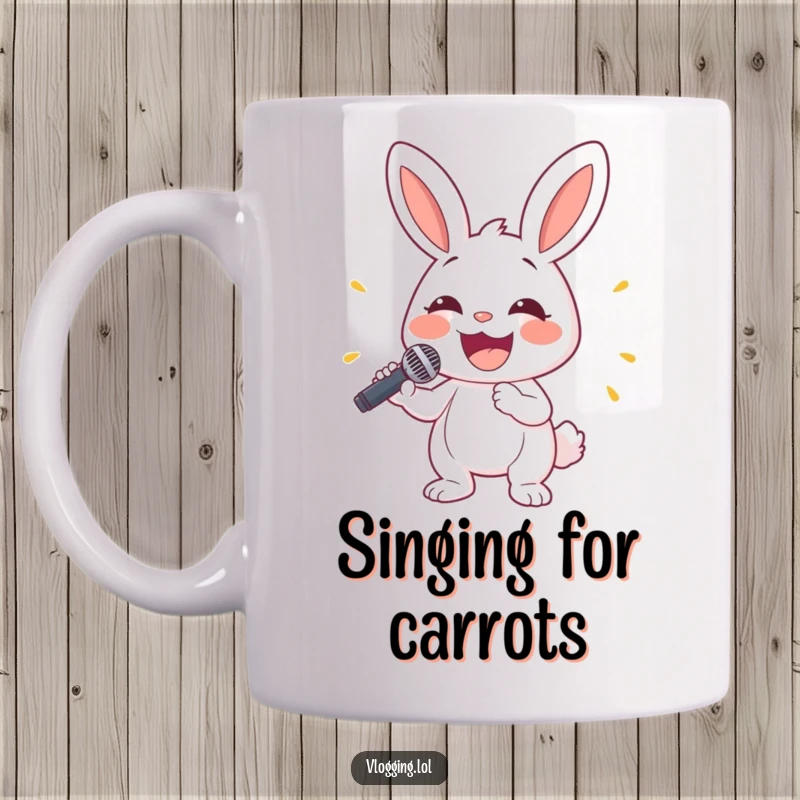Funny bunny mug featuring a happy rabbit holding a microphone with a wide, infectious smile, ready to perform.