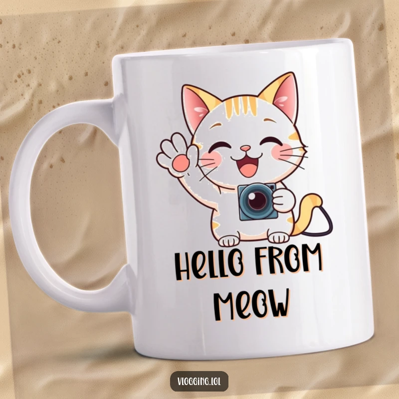 Funny delighted cat waving enthusiastically at a tiny camera, a cute and humorous mug.