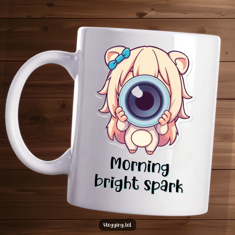 Funny mug shows a happy character enthusiastically presenting a vibrant, colorful object directly towards the viewer or camera.