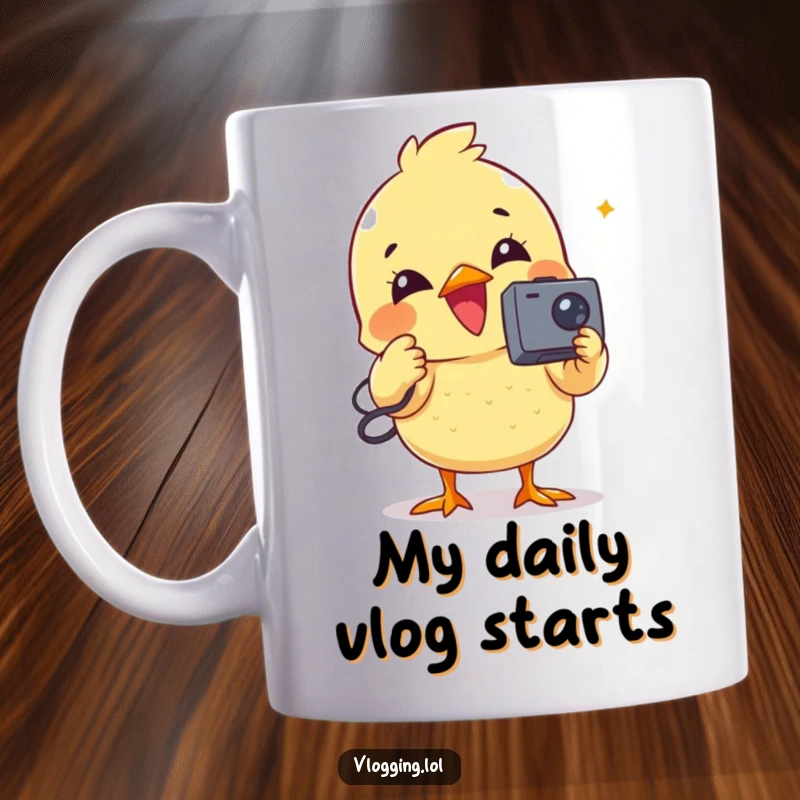 Funny mug featuring a delighted chick recording a video with a tiny camcorder, capturing content.