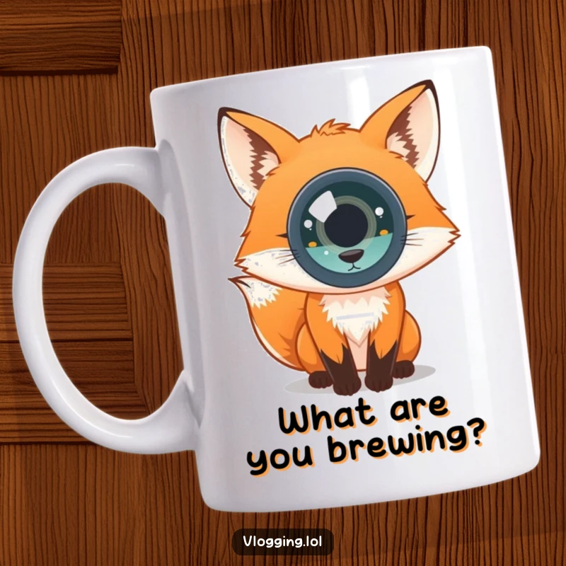 Funny mug with a curious fox with bright eyes staring directly into the camera lens, looking inquisitive. Great for nature lovers.