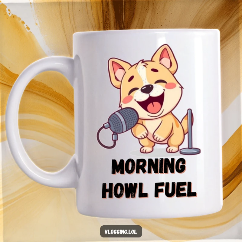 Funny mug with a playful dog energetically barking into a microphone, appearing excited and ready to perform.