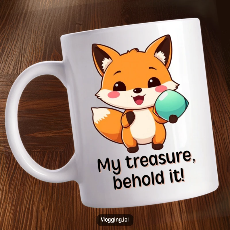 Funny mug featuring a smiling fox enthusiastically presenting a vibrant, unidentified object, radiating pure excitement and happiness.