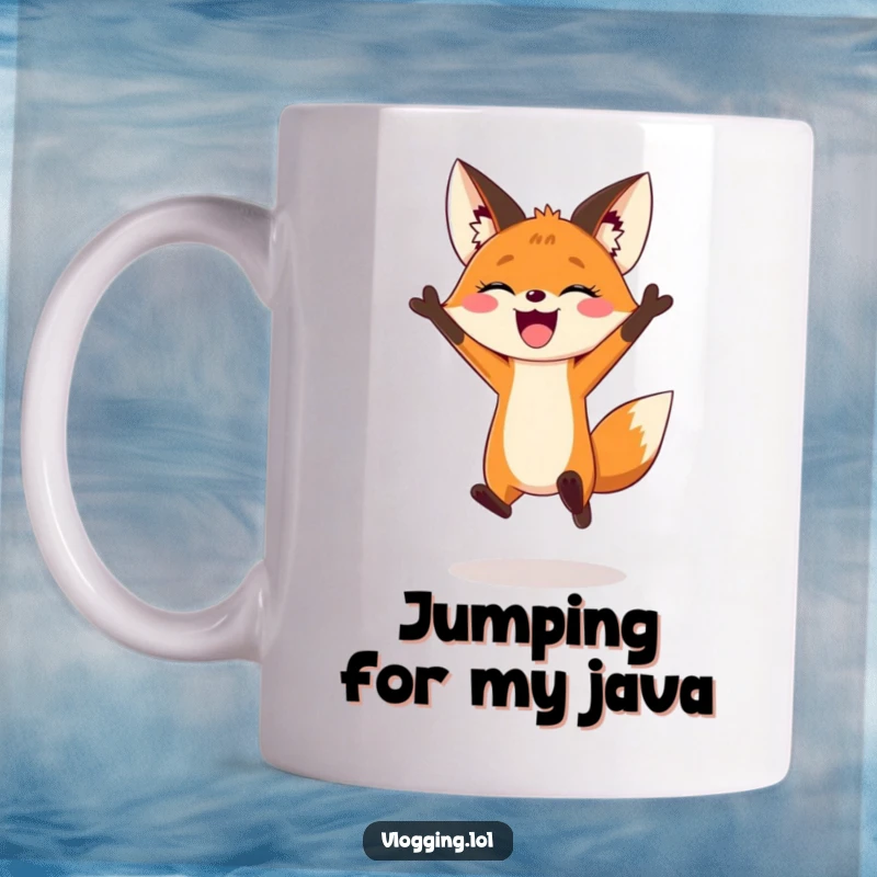 Funny fox vlogger mug featuring an energetic fox leaping dramatically for an exciting video intro, perfect for content creators.
