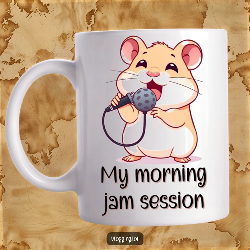 Funny hamster mug with a golden microphone held to its mouth, looking like a tiny, energetic rockstar ready to sing its heart out.