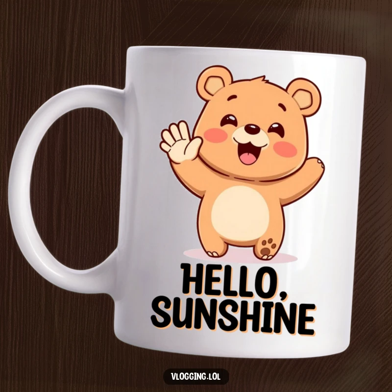 Funny bear mug with a big, friendly smile, enthusiastically waving a paw at an unseen audience, radiating cheerful and humorous energy.