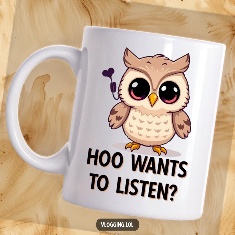 Funny owl mug with wide, excited eyes recording a spooky sound, perfect for Halloween and paranormal fans.