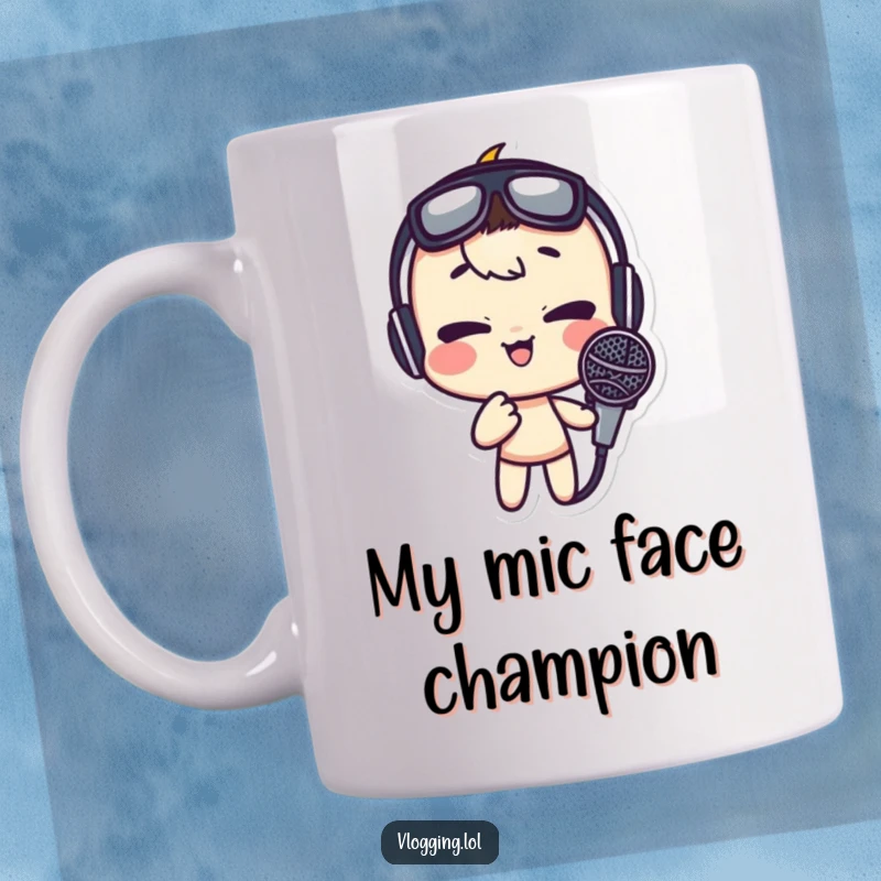 Funny mug showing a silly character pulling a goofy face into a microphone, perfect for coffee lovers who enjoy a good laugh.