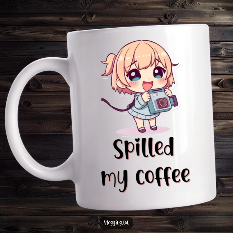 Funny mug featuring a giggling character tripping slightly while trying to hold a camera, capturing playful mishap.