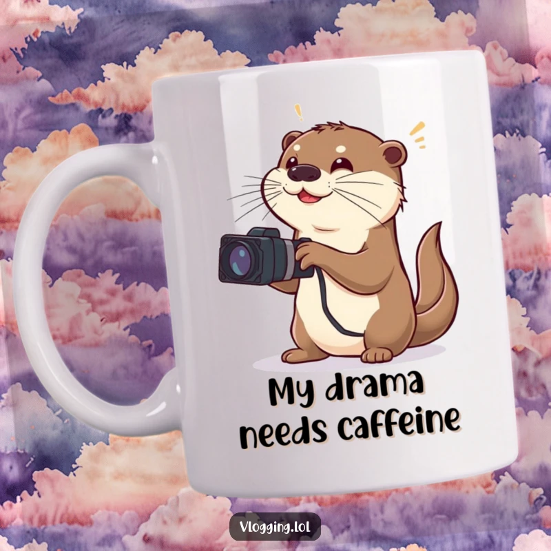 Funny mug featuring a playful otter dramatically filming a scene with over-the-top, exaggerated gestures and a passionate expression.