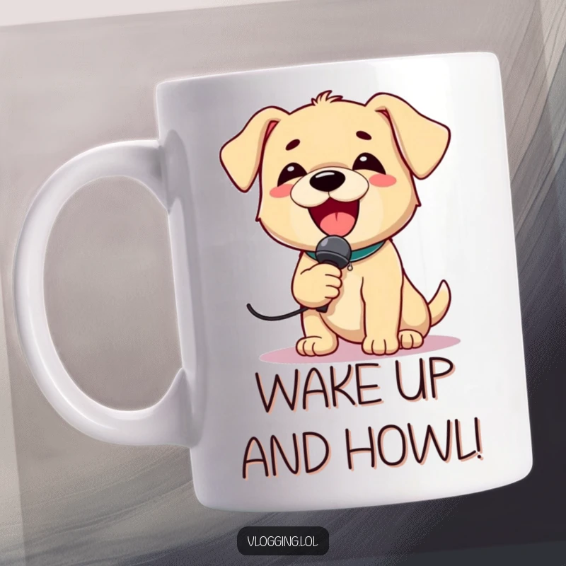 Funny Puppy Singer Mug showing a delighted puppy holding a microphone and singing loudly with eyes closed in pure bliss.