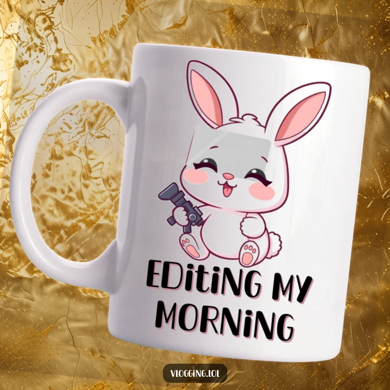 Funny mug featuring a cheerful rabbit intently editing a video with a very focused and determined expression on its face.